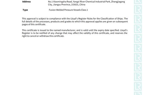 LR FUSION WELDED PRESSURE Vessel class 1